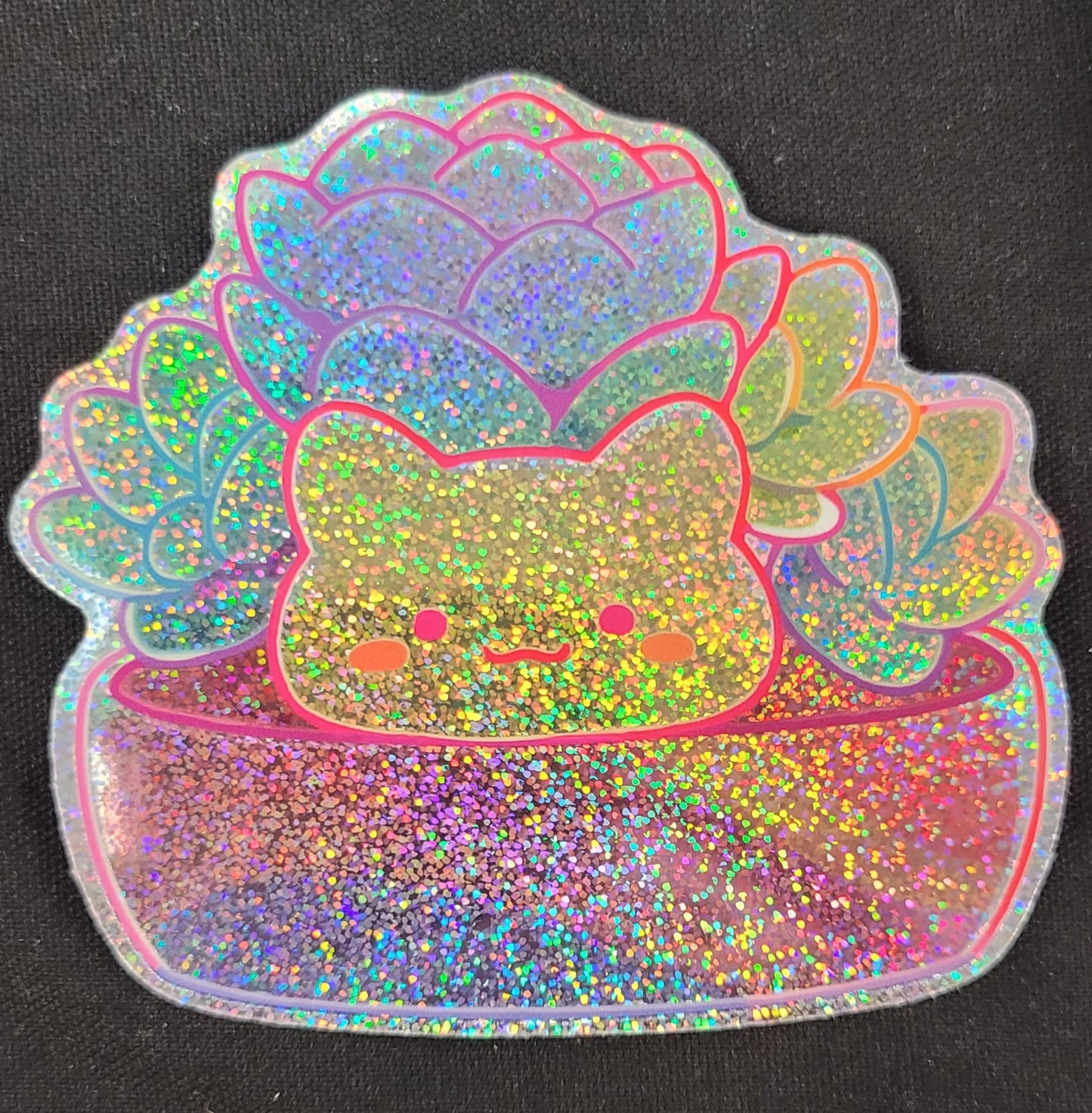 Glitter Holo Succulent Cat Sticker