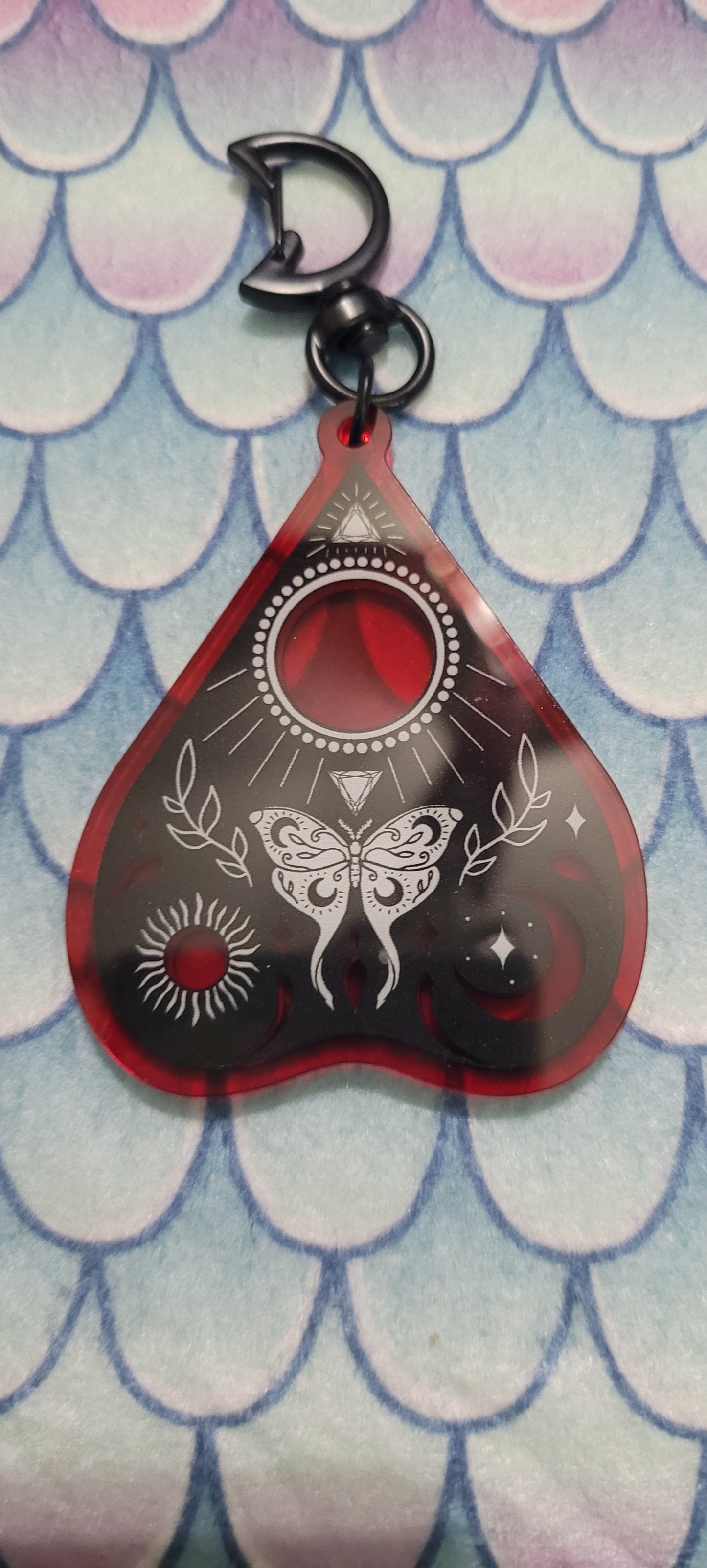 Moth Planchette on Red Acrylic Keychain - Updated