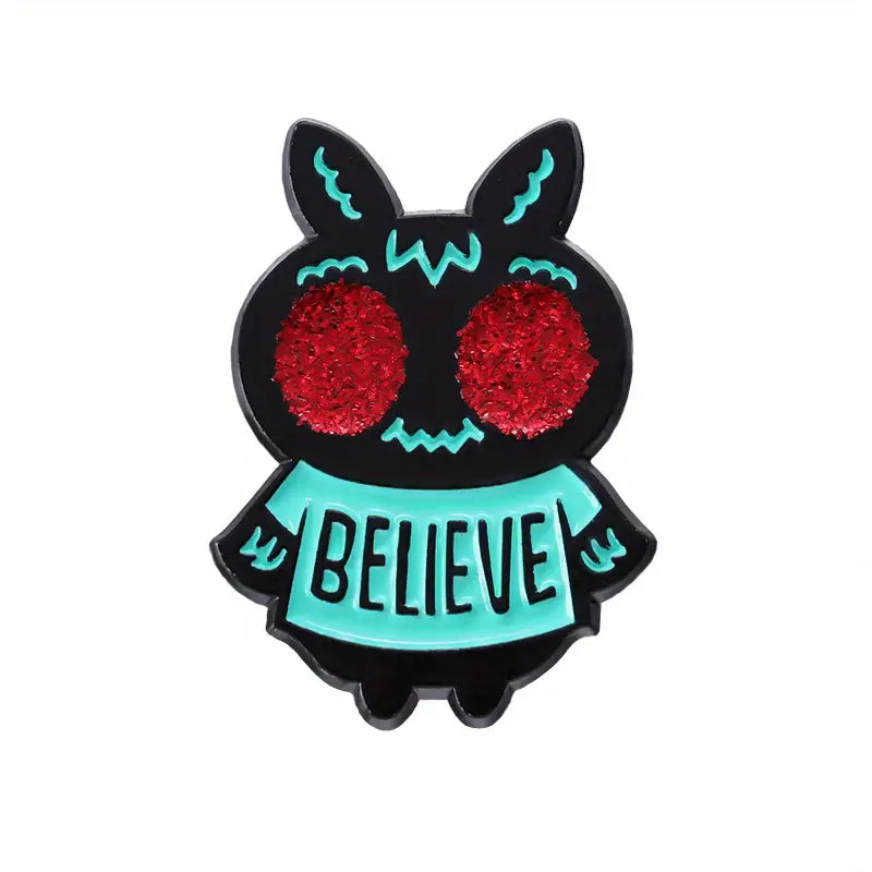 Mothman "Believe" with Glitter Red Eyes Enamel Pin